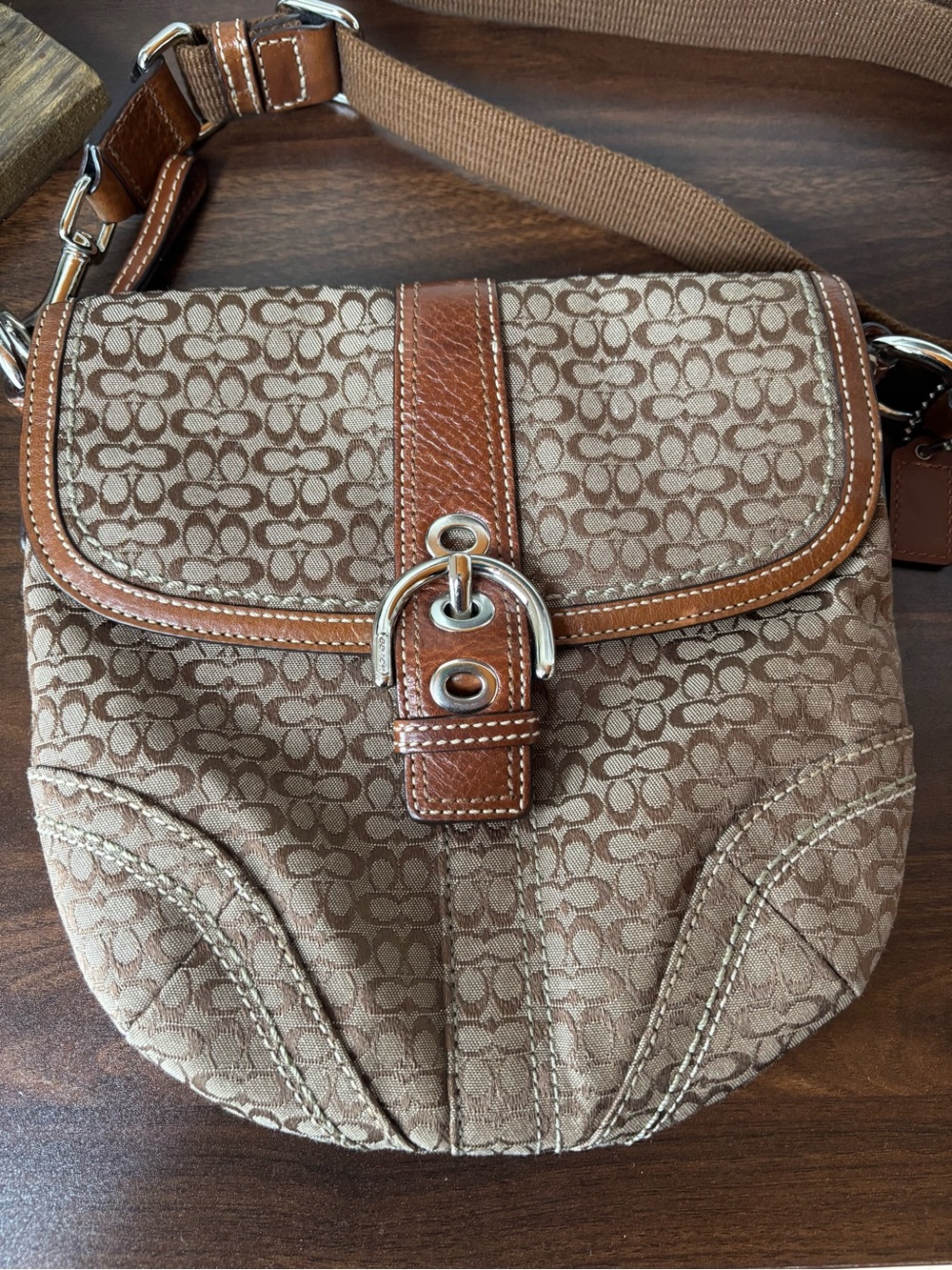 Coach Brown Signature Canvas Crossbody with Leather Trim